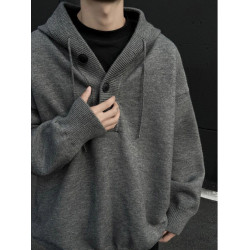 灰色連帽針織衫男款冬季加厚慵懶痞帥風美式毛衣重磅內搭衛衣外套