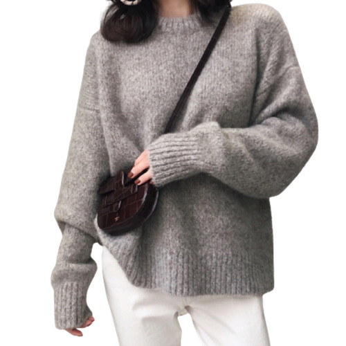 2025秋冬重磅加厚圓領羊絨衫女寬松慵懶風針織羊毛打底衫大碼毛衣