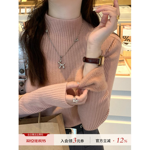 粉色毛衣冬季加絨女秋冬2025新款內搭打底衫一體絨高級感針織上衣