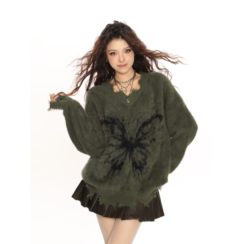 BIGGOLD廢土風磨破毛v領毛衣女秋冬設計感慵懶風蝴蝶馬海毛針織衫