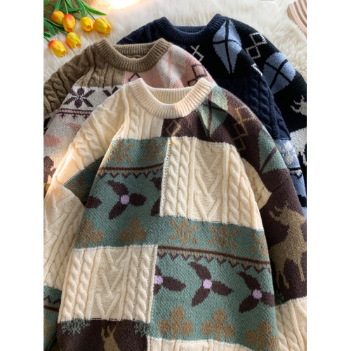 秋冬季聖誕節毛衣男圓領加絨休閒潮牌日系復古美式情侶百搭針織衫 秋冬季聖誕節毛衣男圓領加絨休閒潮牌日系復古美式情侶百搭針織衫