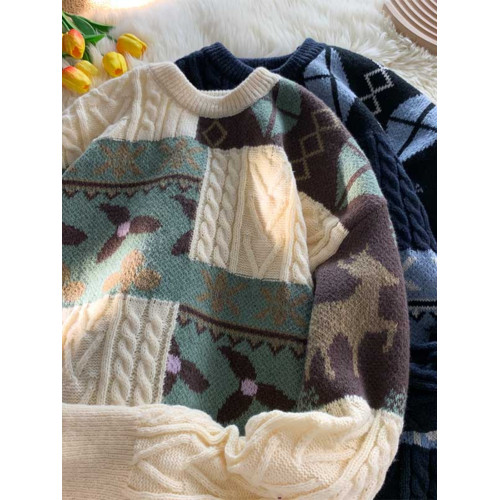 秋冬季聖誕節毛衣男圓領加絨休閒潮牌日系復古美式情侶百搭針織衫 秋冬季聖誕節毛衣男圓領加絨休閒潮牌日系復古美式情侶百搭針織衫