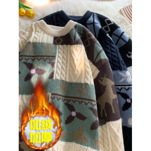 秋冬季聖誕節毛衣男圓領加絨休閒潮牌日系復古美式情侶百搭針織衫 秋冬季聖誕節毛衣男圓領加絨休閒潮牌日系復古美式情侶百搭針織衫