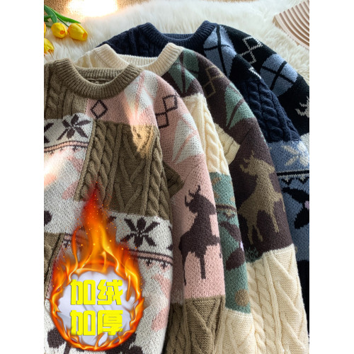 秋冬季聖誕節毛衣男圓領加絨休閒潮牌日系復古美式情侶百搭針織衫 秋冬季聖誕節毛衣男圓領加絨休閒潮牌日系復古美式情侶百搭針織衫