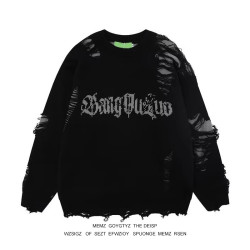 美式復古暗黑系鏤空字母破洞毛衣男女秋冬潮牌嘻哈高街帥氣針織衫