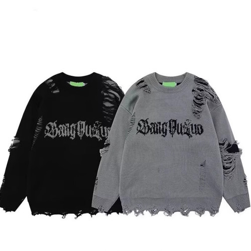 美式復古暗黑系鏤空字母破洞毛衣男女秋冬潮牌嘻哈高街帥氣針織衫