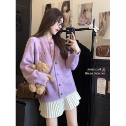 紫色溫柔風甜美紐釦毛衣外套女冬季寬鬆休閒卡通刺綉針織開衫上衣