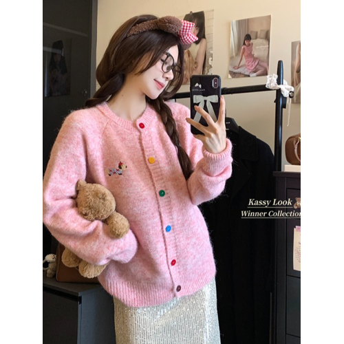 紫色溫柔風甜美紐釦毛衣外套女冬季寬鬆休閒卡通刺綉針織開衫上衣