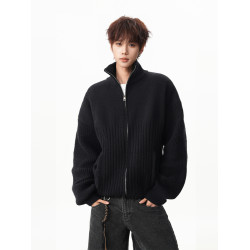 美拉德肌理感毛衣開衫男女秋冬cleanfit寬松慵懶感大碼立領針織衫