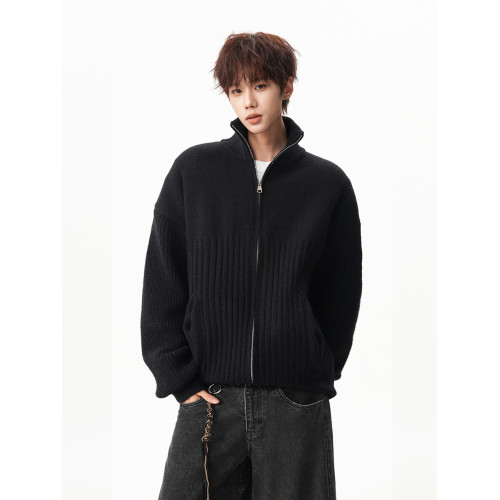 美拉德肌理感毛衣開衫男女秋冬cleanfit寬松慵懶感大碼立領針織衫