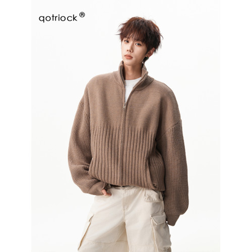 美拉德肌理感毛衣開衫男女秋冬cleanfit寬松慵懶感大碼立領針織衫