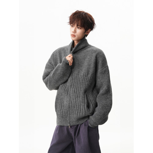 美拉德肌理感毛衣開衫男女秋冬cleanfit寬松慵懶感大碼立領針織衫