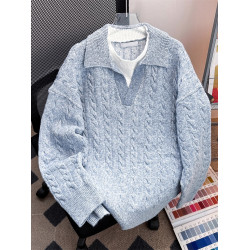 秋冬季復古簡約假兩件麻花毛衣男寬松韓系百搭純色情侶polo針織衫