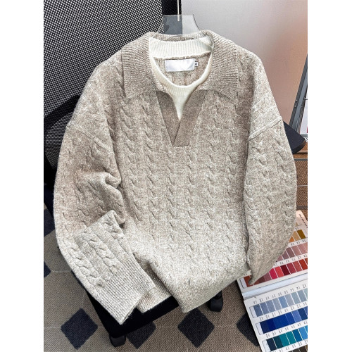 秋冬季復古簡約假兩件麻花毛衣男寬松韓系百搭純色情侶polo針織衫