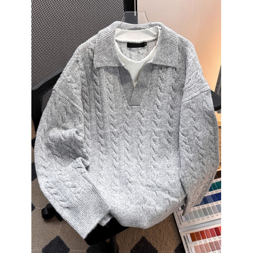 秋冬季復古簡約假兩件麻花毛衣男寬松韓系百搭純色情侶polo針織衫