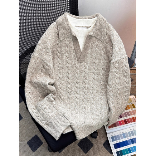 秋冬季復古簡約假兩件麻花毛衣男寬松韓系百搭純色情侶polo針織衫