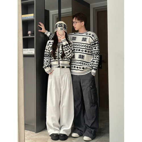 費爾島毛衣情侶裝秋冬ins超火小衆高級感聖誕針織衫一長一短上衣