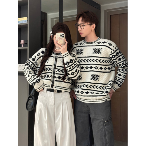 費爾島毛衣情侶裝秋冬ins超火小衆高級感聖誕針織衫一長一短上衣