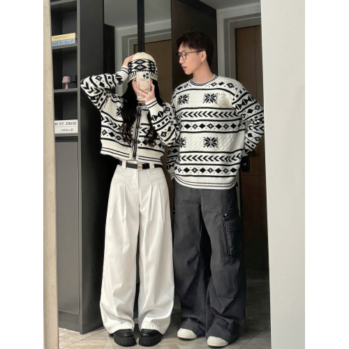 費爾島毛衣情侶裝秋冬ins超火小衆高級感聖誕針織衫一長一短上衣