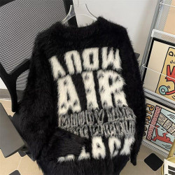 美式字母提花水貂絨毛衣男女寬松圓領學院風情侶潮牌針織打底衫