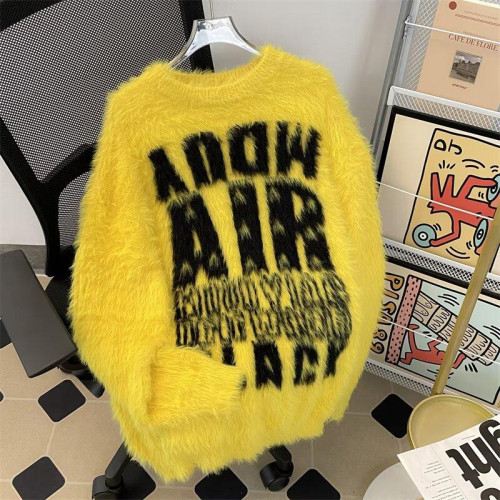 美式字母提花水貂絨毛衣男女寬松圓領學院風情侶潮牌針織打底衫