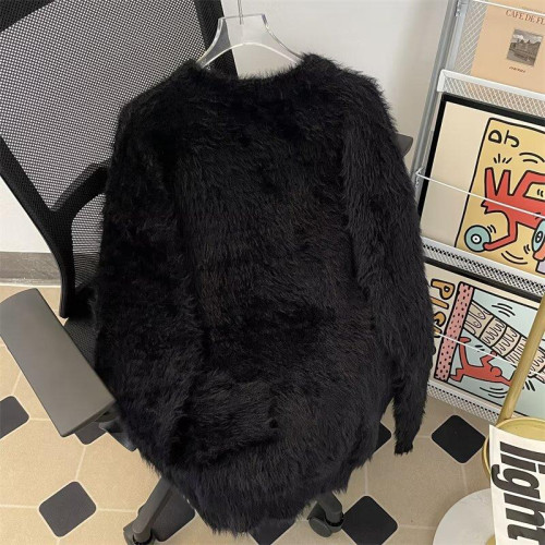 美式字母提花水貂絨毛衣男女寬松圓領學院風情侶潮牌針織打底衫