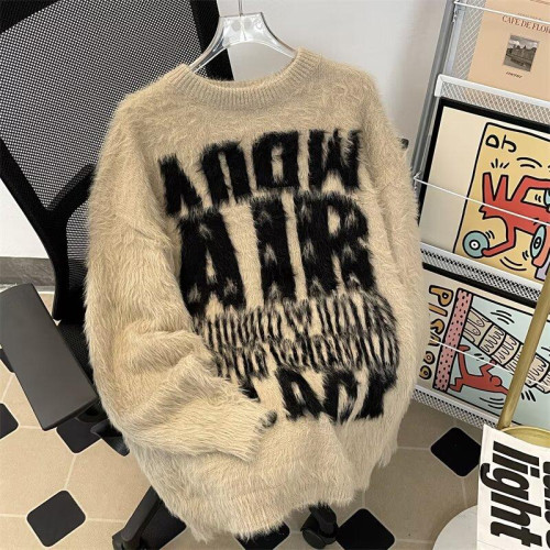 美式字母提花水貂絨毛衣男女寬松圓領學院風情侶潮牌針織打底衫