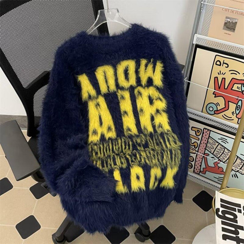 美式字母提花水貂絨毛衣男女寬松圓領學院風情侶潮牌針織打底衫