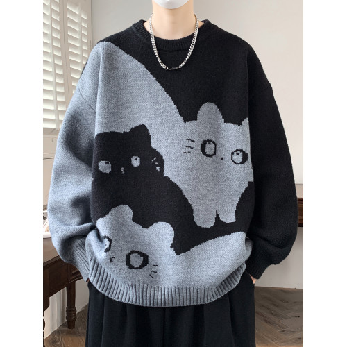 學院風毛衣男秋冬季加絨加厚貓咪針織衫男寬松慵懶內搭青少年上衣 學院風毛衣男秋冬季加絨加厚貓咪針織衫男寬松慵懶內搭青少年上衣