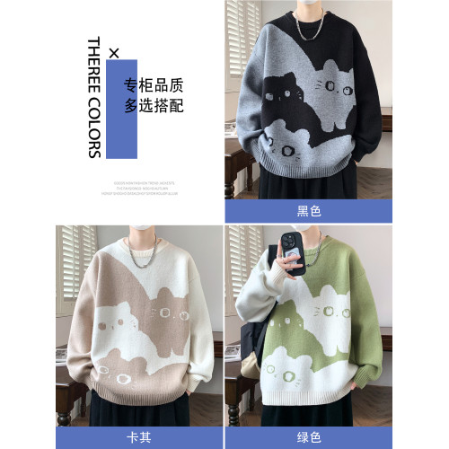 學院風毛衣男秋冬季加絨加厚貓咪針織衫男寬松慵懶內搭青少年上衣 學院風毛衣男秋冬季加絨加厚貓咪針織衫男寬松慵懶內搭青少年上衣