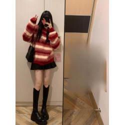 紅色撞色條紋長絨軟糯水貂毛套頭毛衣慵嬾愛心胸針針織衫加厚上衣