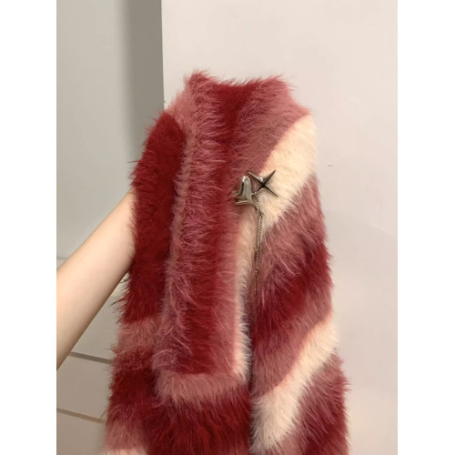 紅色撞色條紋長絨軟糯水貂毛套頭毛衣慵嬾愛心胸針針織衫加厚上衣