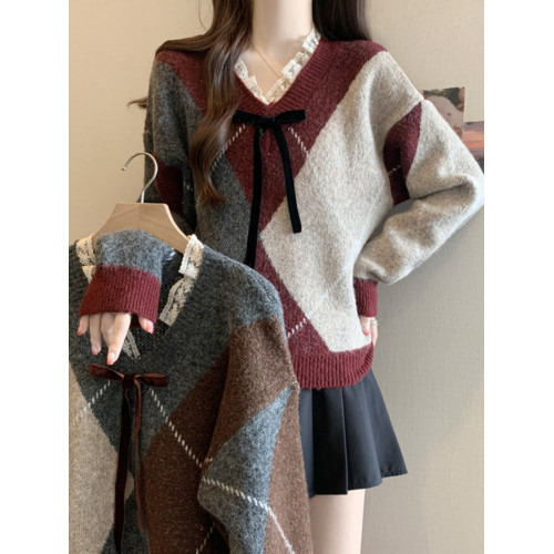 學院風菱格v領毛衣女秋冬大碼胖妹妹顯瘦小衆獨特別致上衣針織衫