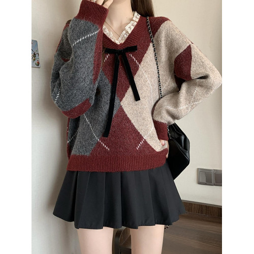 學院風菱格v領毛衣女秋冬大碼胖妹妹顯瘦小衆獨特別致上衣針織衫