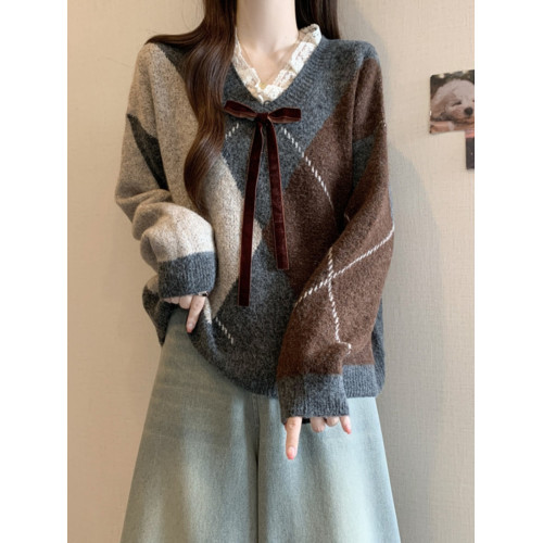 學院風菱格v領毛衣女秋冬大碼胖妹妹顯瘦小衆獨特別致上衣針織衫