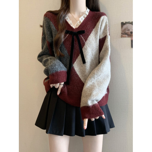 學院風菱格v領毛衣女秋冬大碼胖妹妹顯瘦小衆獨特別致上衣針織衫