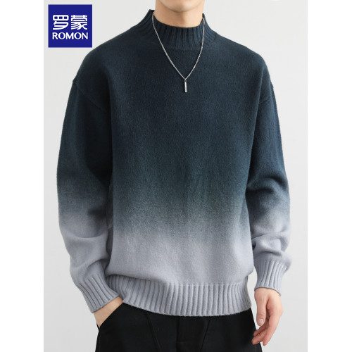 羅矇漸變色毛衣男士秋冬季潮流帥氣打底針織衫新款寬松半高領線衣