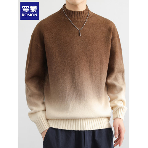 羅矇漸變色毛衣男士秋冬季潮流帥氣打底針織衫新款寬松半高領線衣