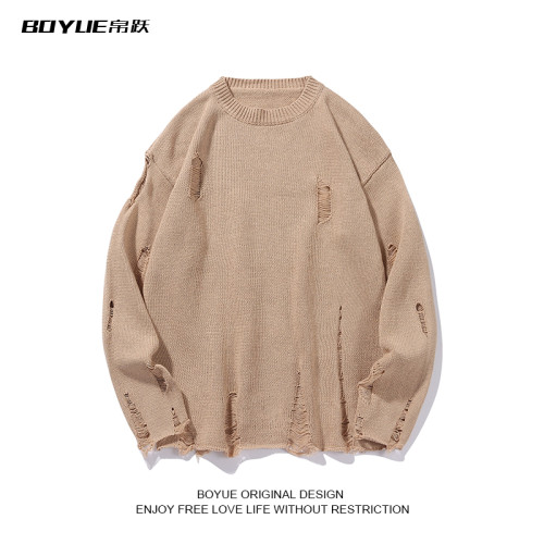 BOYUE帛躍港風痞帥個性破爛破洞毛衣男秋冬季慵懶風針織衫設計感 BOYUE帛躍港風痞帥個性破爛破洞毛衣男秋冬季慵懶風針織衫設計感