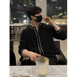 韓版高級感開衫毛衣男休閒寬松春秋季長袖圓領針織衫黑色外套上衣