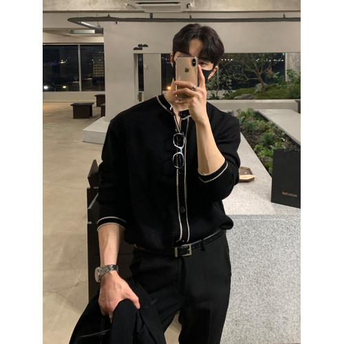 韓版高級感開衫毛衣男休閒寬松春秋季長袖圓領針織衫黑色外套上衣 韓版高級感開衫毛衣男休閒寬松春秋季長袖圓領針織衫黑色外套上衣