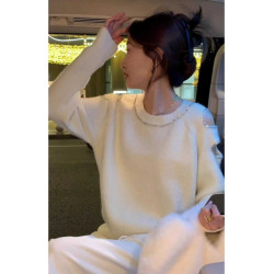 法式設計感時尚氣質鏤空釘珠圓領針織毛衣2024春秋慵嬾露肩上衣女