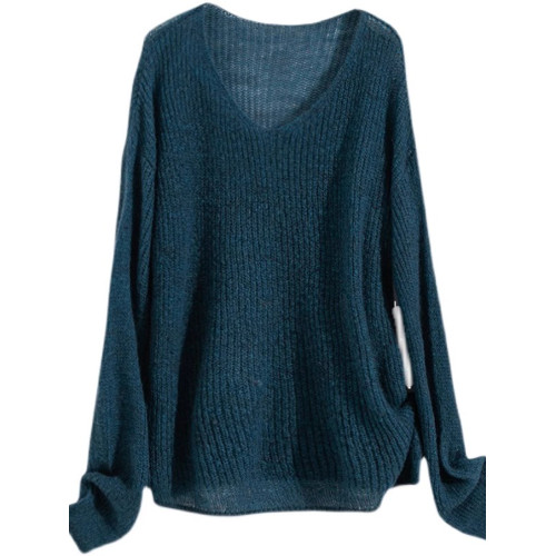 暖色系秋裝羊毛毛衣慵嬾風超好看的寬鬆V領外穿藍色上衣針織衫女