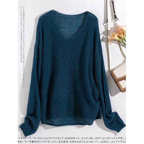 暖色系秋裝羊毛毛衣慵嬾風超好看的寬鬆V領外穿藍色上衣針織衫女