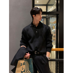 SSUMENAM「紋理感」polo領毛衣男秋冬季設計感小衆寬松翻領針織衫