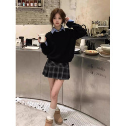 假兩件可拆卸襯衫領毛衣女秋冬季小個子黑色慵嬾高級感針織衫上衣