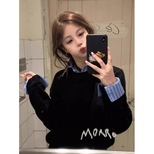 假兩件可拆卸襯衫領毛衣女秋冬季小個子黑色慵嬾高級感針織衫上衣