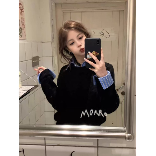 假兩件可拆卸襯衫領毛衣女秋冬季小個子黑色慵嬾高級感針織衫上衣