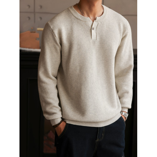 BGYO鹿起 美式新貴亨利領長袖針織衫男細針花紗復古休閒內搭T恤秋