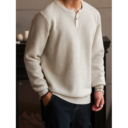 BGYO鹿起 美式新貴亨利領長袖針織衫男細針花紗復古休閒內搭T恤秋